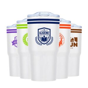 5 white tumblers beside each other with sample logos in the colors: pruple, light green, navy, orange and brown