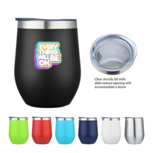 7 Tumbler Wine Cups. A big one is in black on the left side with a sample logo. To the right there is a clear lid with the caption: "clear acrylic lid with slide closure opening will accommodate a straw". The bottom has 6 tumblers in the colors: light green, red, light green, navy, white, and silver.