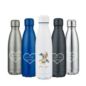 5 Narrow stainless steel water bottle in the colors: silver, blue, white, gray, dark gray. metallic all with sample logos.