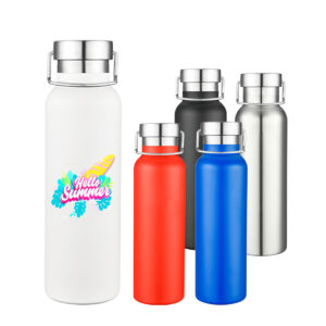5 tumblers. The left one, on the very left is white and has a sample logo. There are four more tumblers on the right with the colors: red, blue, black, and silver.
