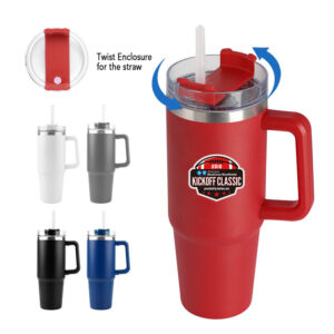 5 tumblers with straw. The right one is big and red, with a straw and sample logo. To the left are 4 tumblers in the colors: navy, black, gray, and white. On the top left corner, there is a picture of a lid with the caption: "twist Enclosure for the straw".